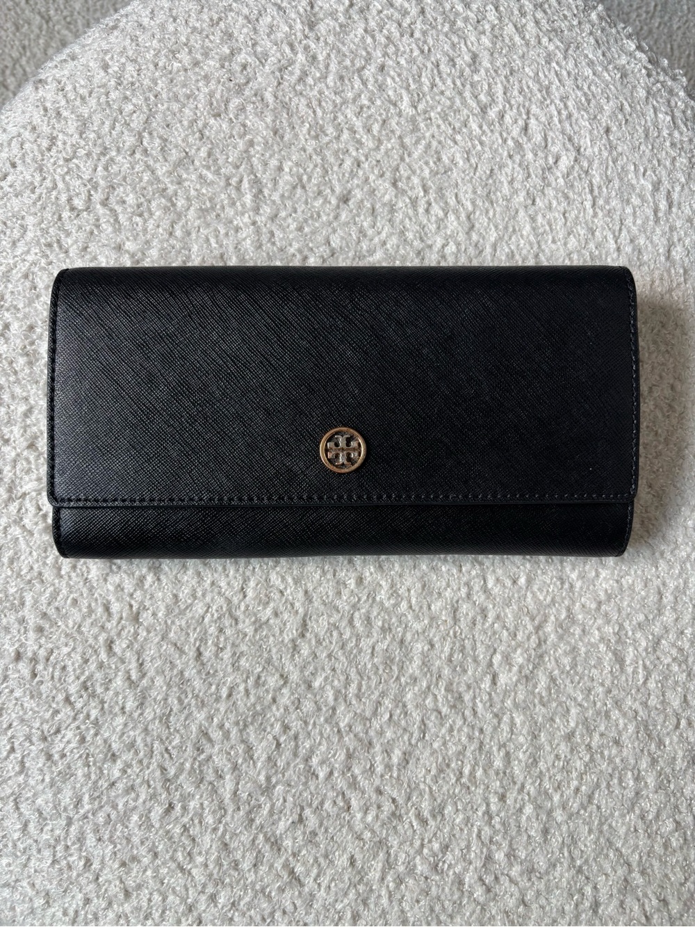 Tory Burch Black Saffiano Leather Continental Wallet Gold Logo